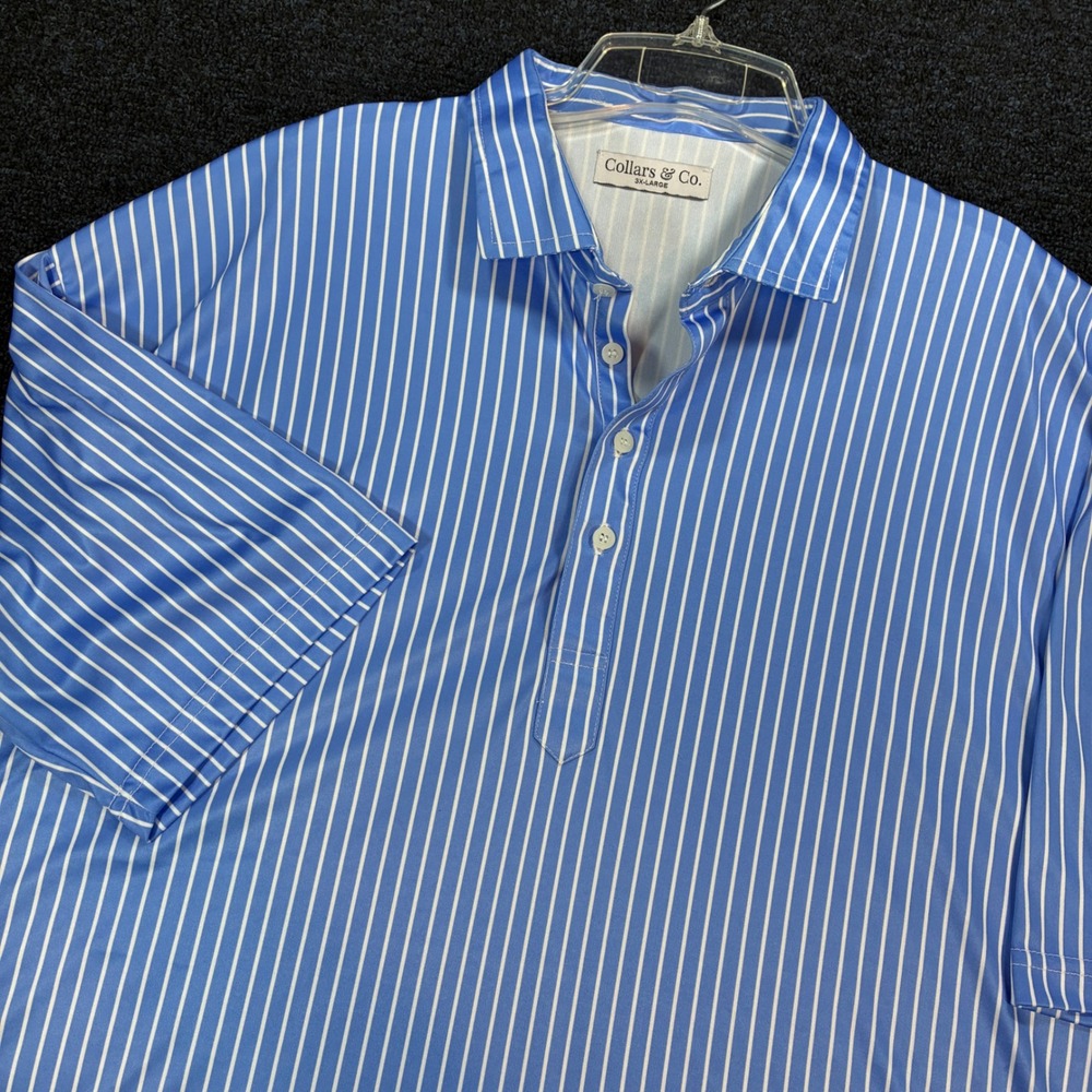 Collars & Co Polo Shirt Mens 3XL Blue White Striped Dress Collar Short Sleeve
